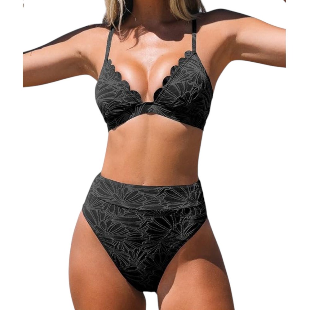 Cupshe Black Textured Floral Scalloped Bikini Set High Waist Small DAA12C2L007AA